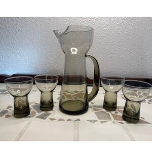 MCM Smoke Glass Cocktail Pitcher Set 4 Glasses Modern Retro Home Bar Martini